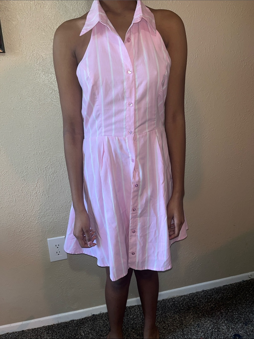 Head Pink Striped Halter Button-Front Mini Dress
